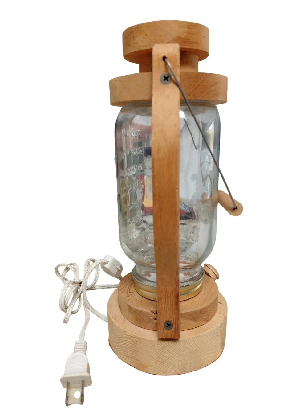 Handmade wooden electric lantern glass jar chimney Small white bulb Metal Handle